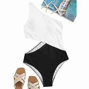 SweatyRocks One Shoulder Cutout One Piece Swimsuit Monokini Black and White, L
